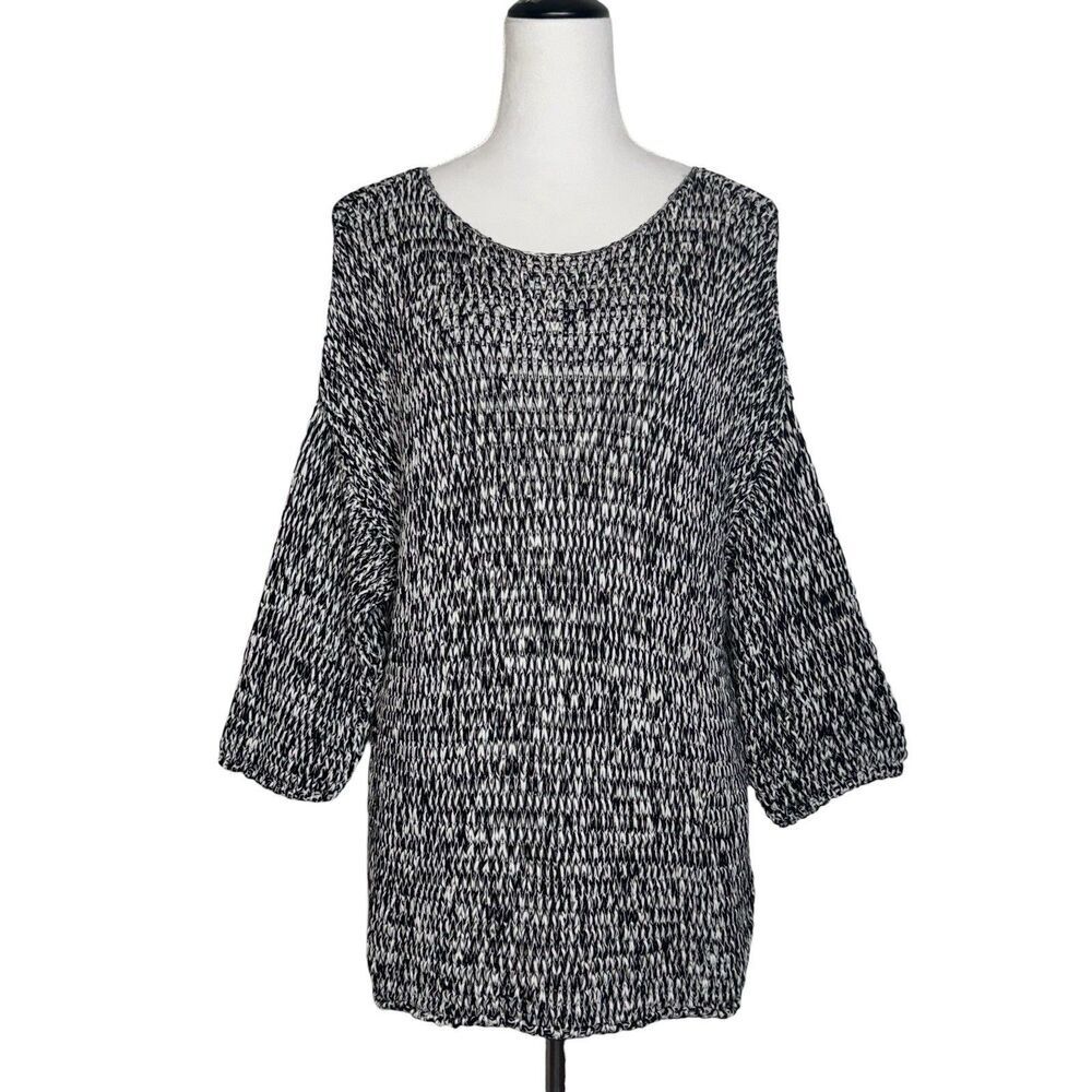 Eileen Fisher Black White Tape Sweater 1X Organic Cotton Boxy Loose Knit Top